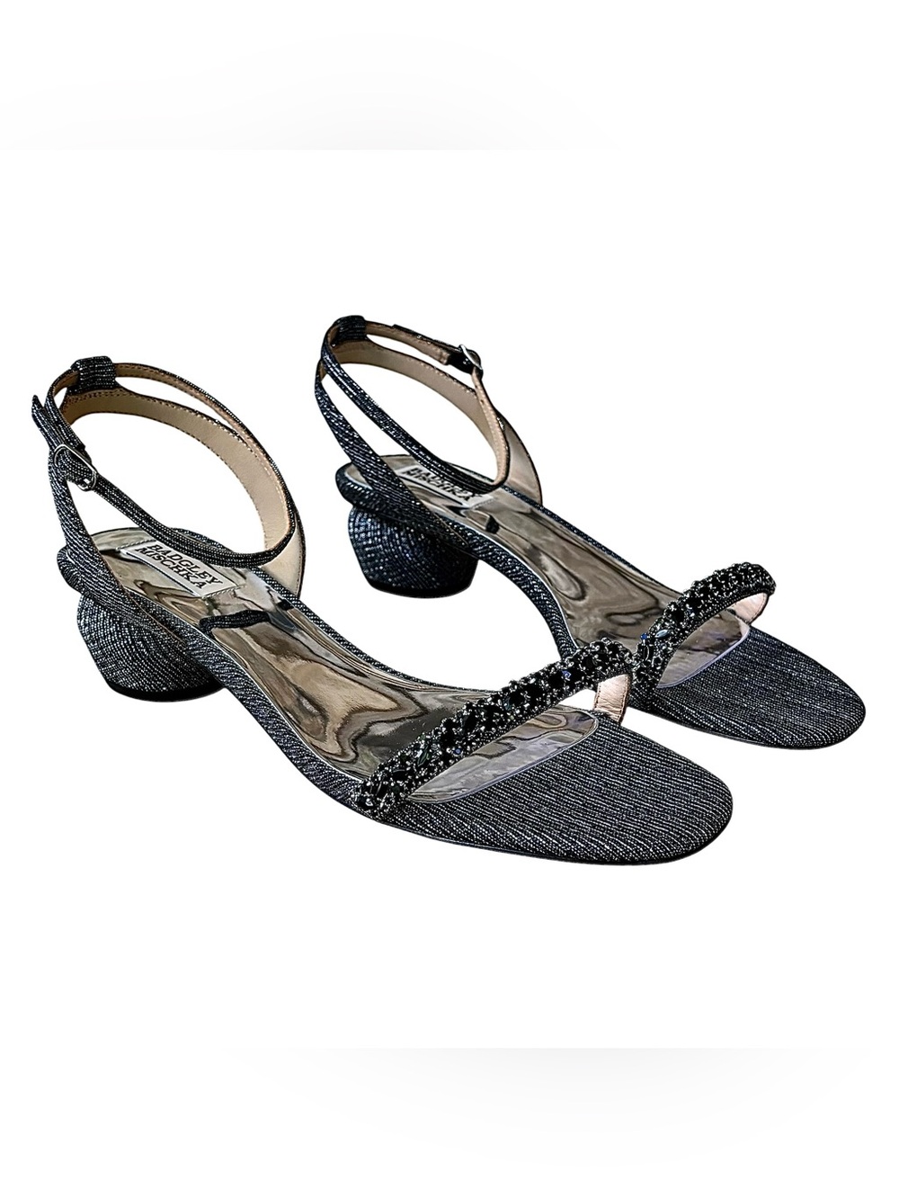 NWOB BADGLEY MISCHKA Black & Silver Fabric Rhinestone Sandals w/ Spherical Heel